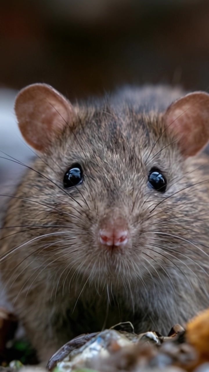 Una prospettiva ravvicinata su un incontro intimo con un roditore, che cattura le caratteristiche e le espressioni intriganti di un topo nel suo habitat naturale.