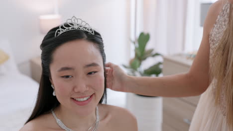 wedding, happy and smile of a bride with a tiara