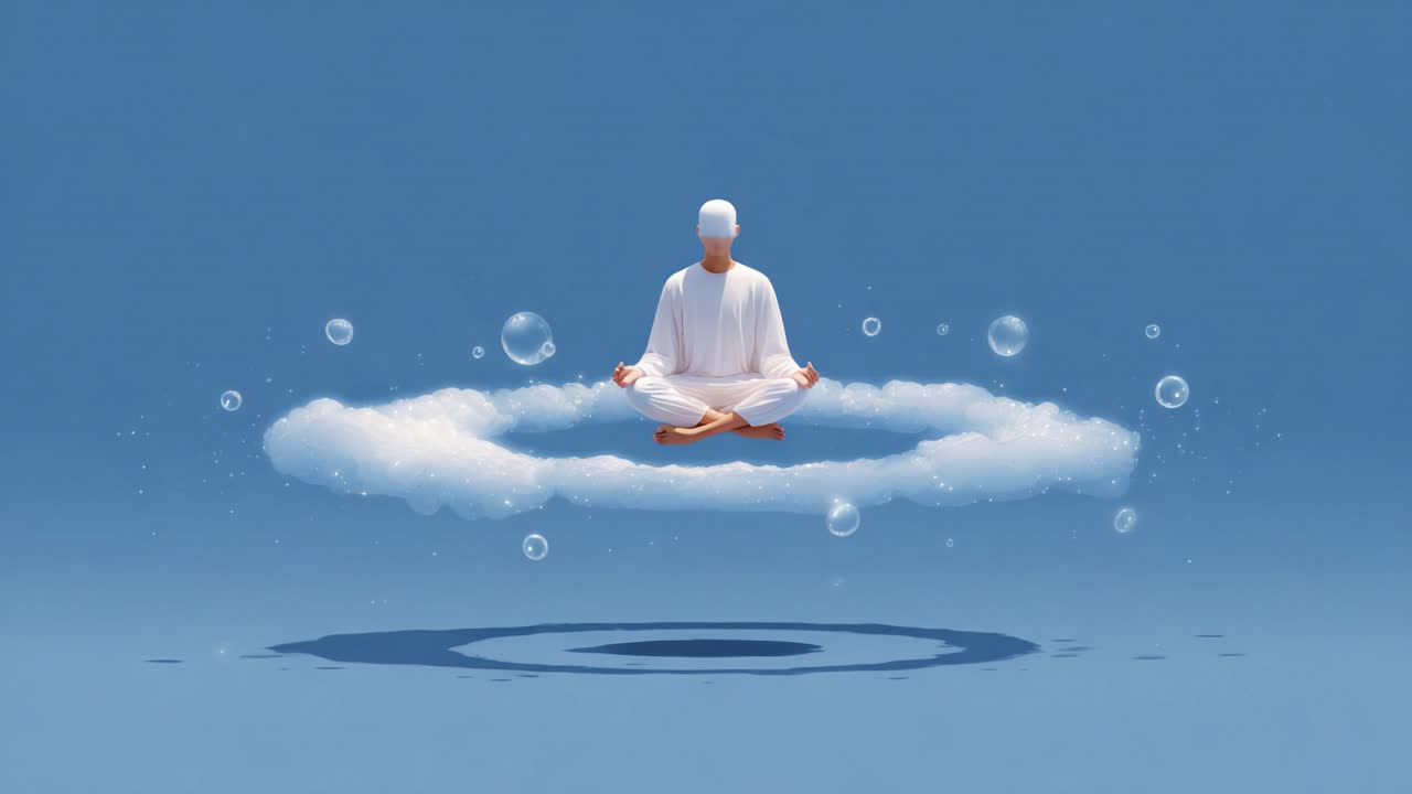 A serene figure meditatively floats above a fluffy cloud surrounded by gentle bubbles, embodying tranquility and mindfulness in a calm blue sky, symbolizing inner peace and spiritual awakening