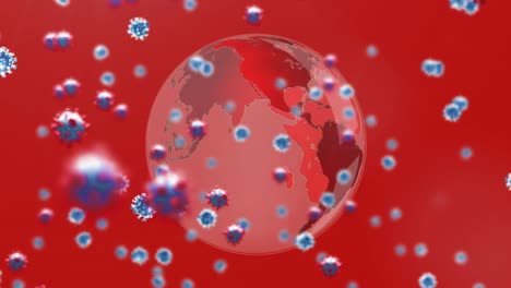 Animation-Von-3D-Covid-19-Zellen,-Die-über-Einem-Roten-Globus-Auf-Rotem-Hintergrund-Schweben