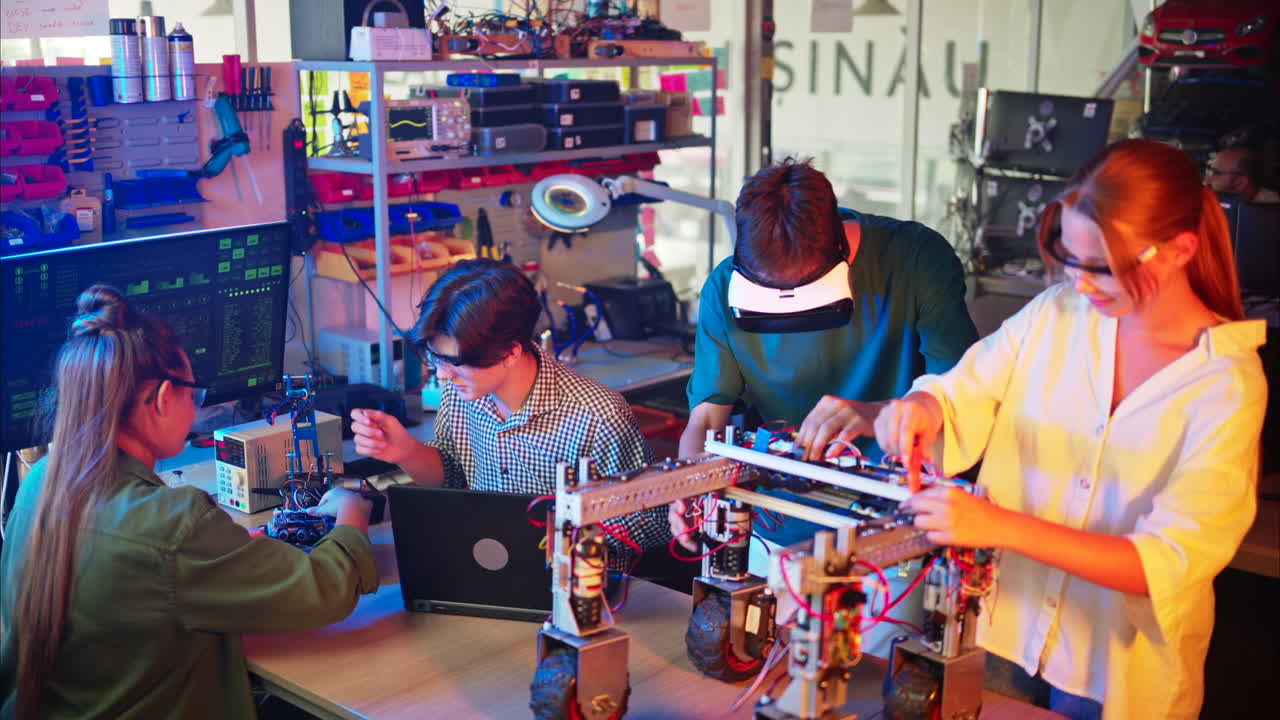 Young engineers with VR virtual reality headset fixing a robotic car in research laboratory, slow motion