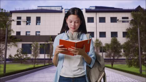 estudiante leyendo en el campus
