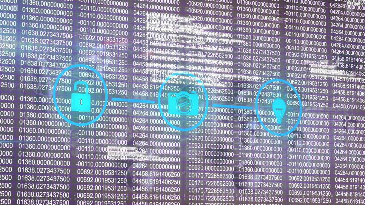 Animation of digital security icons overlaying screen with numerical data in school