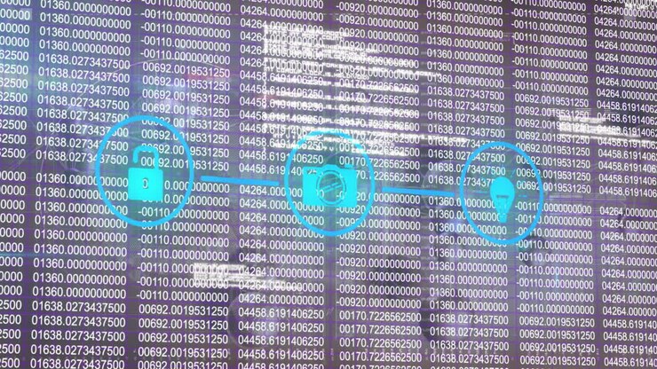Animation of digital security icons overlaying screen with numerical data in school