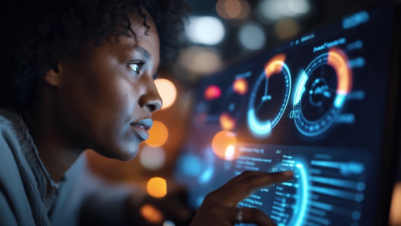 En fokuseret person analyserer dynamiske datavisualiseringer på en højteknologisk skærm midt i en levende, oplyst baggrund om natten, hvilket viser moderne analysearbejde.