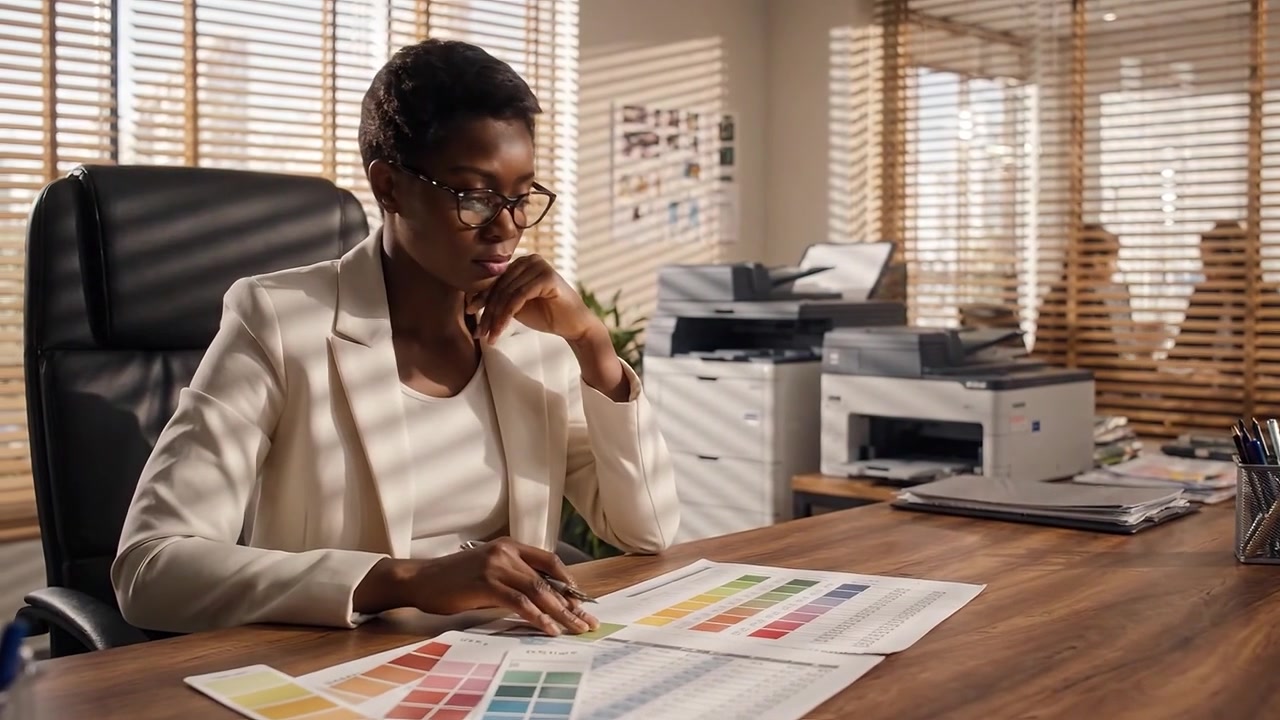 A focused professional reviewing color samples in a bright office space, utilizing charts and documentation while surrounded by organized workspace elements.