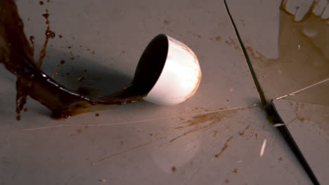 coffee cup smashing onto surface and cracking it