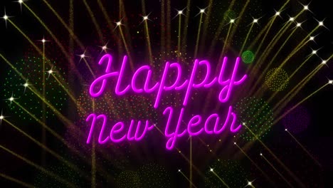 animation of happy new year text over fireworks on black background