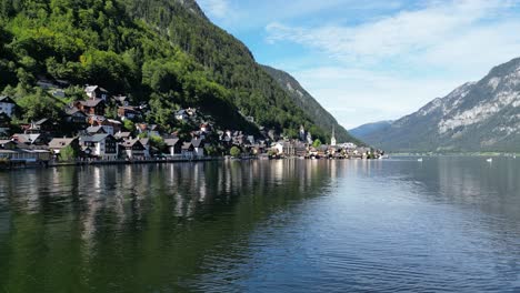 hallstat austria beautiful village ,low angle over lake drone aerial view