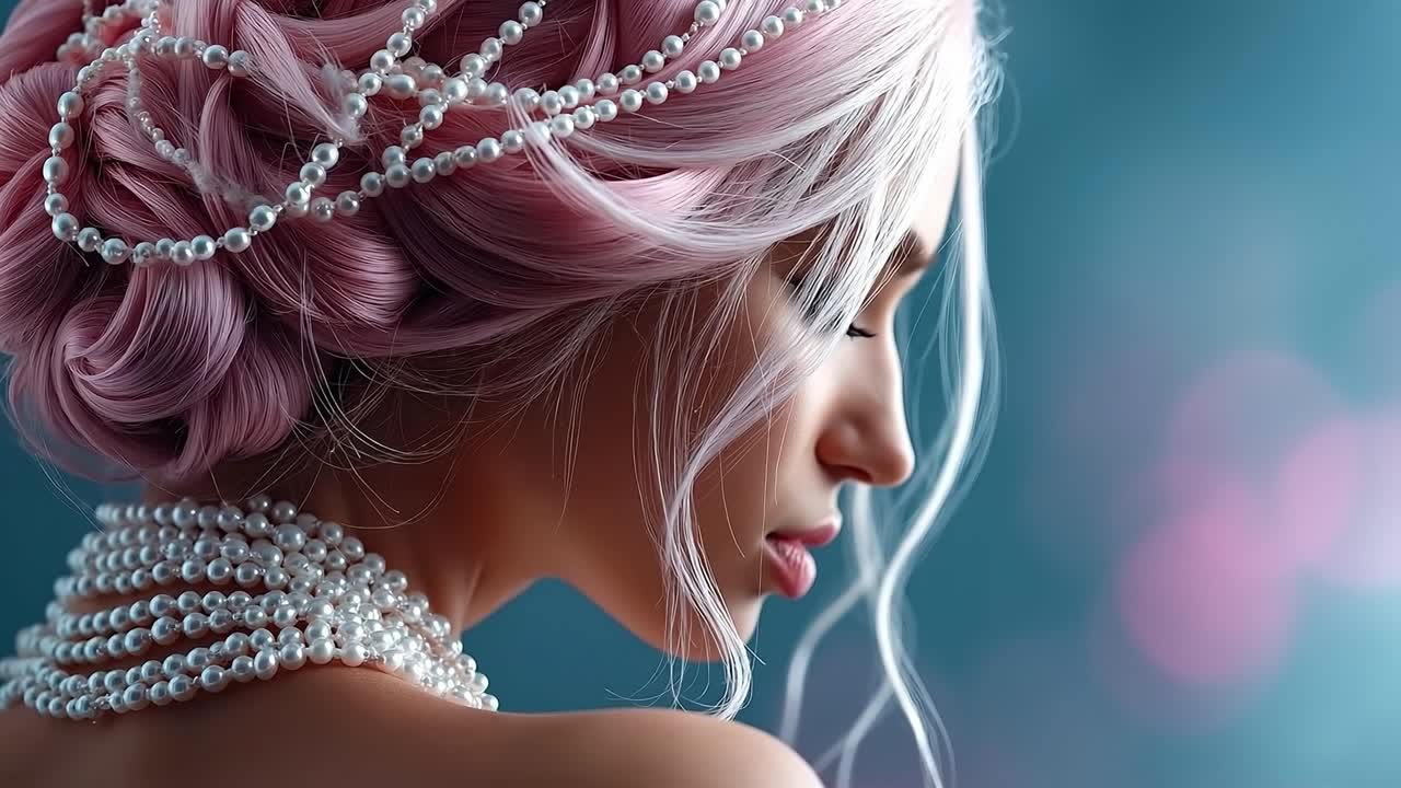A woman with pink hair and pearls in her hair