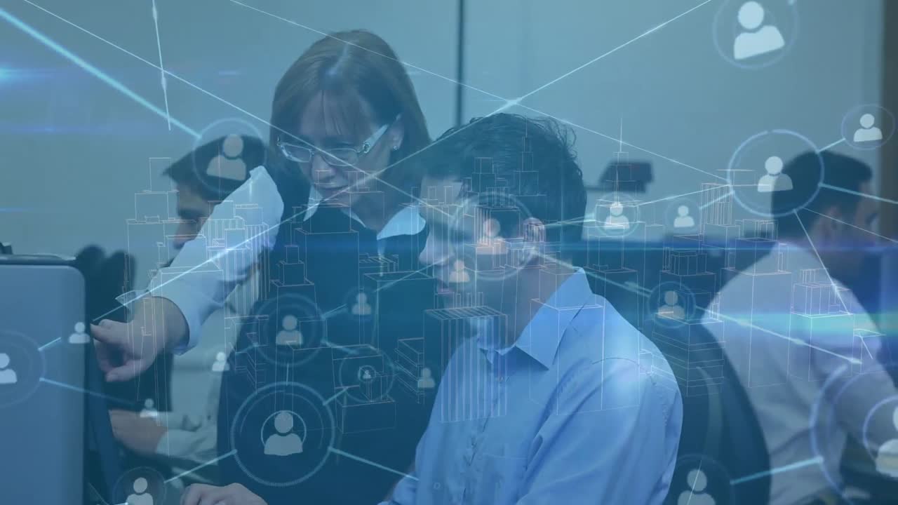 animación de la red de conexiones con iconos sobre diversos estudiantes y maestros