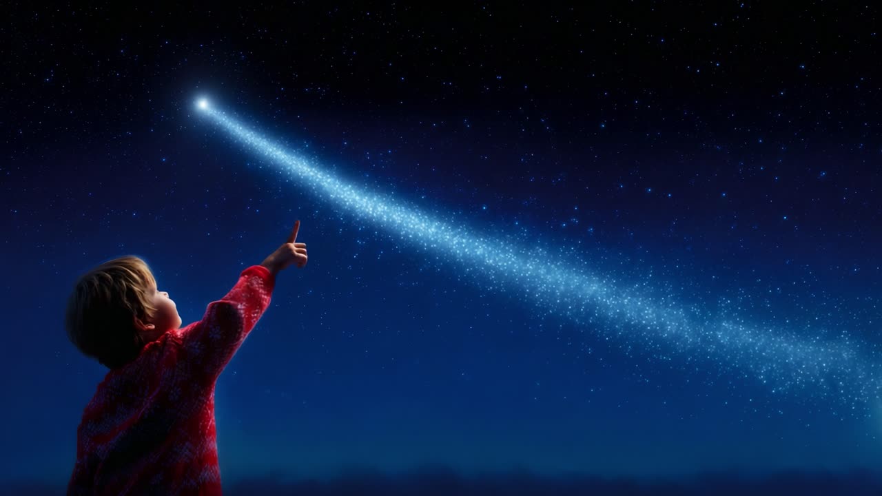 A Child's Awe-Inspiring Moment Under a Starry Sky, Pointing at a Shimmering Comet Tail, Evoking Wonder and Imagination in the Vastness of the Universe at Night