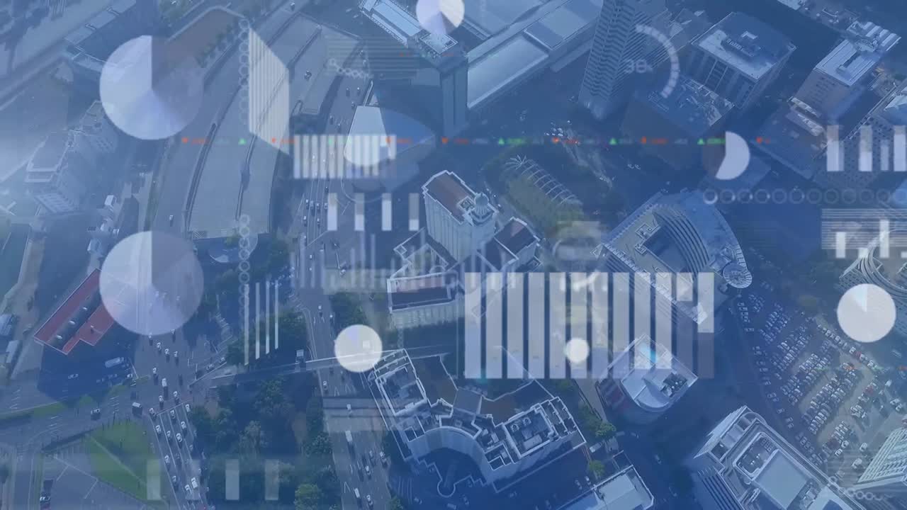 도시 풍경 위의 금융 데이터 처리 애니메이션