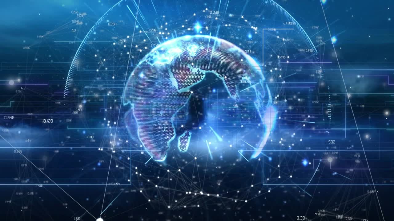 Dark blue field presenting 3D globe rotating east and emitting data lines for real time analytics