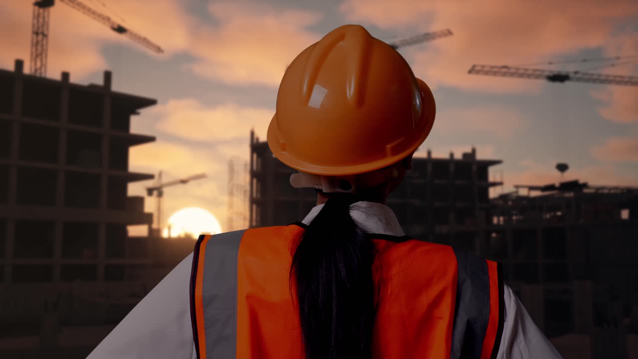 Close Up Back View Of A Female Engineer Wearing Safety Helmet Looking Around While Standing With Arms Akimbo At Construction Site in Progress to New House
