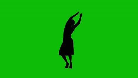 silhouette of a woman with short hair, long skirt, and high heels, dance energetically 2 on green screen, front view. people silhouettes 3d loop animation.