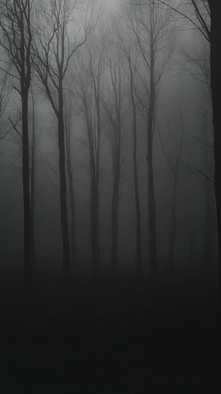 Eerie forest scene with tall, bare trees shrouded in fog