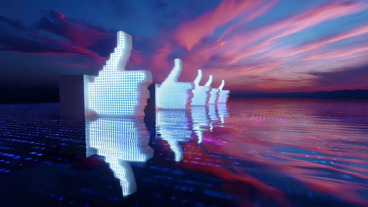 A mesmerizing scene featuring illuminated thumbs-up icons reflected on a tranquil water surface, framed by a stunning sunset backdrop displaying vibrant hues of pink, purple, and blue, evoking feelings of positivity and engagement