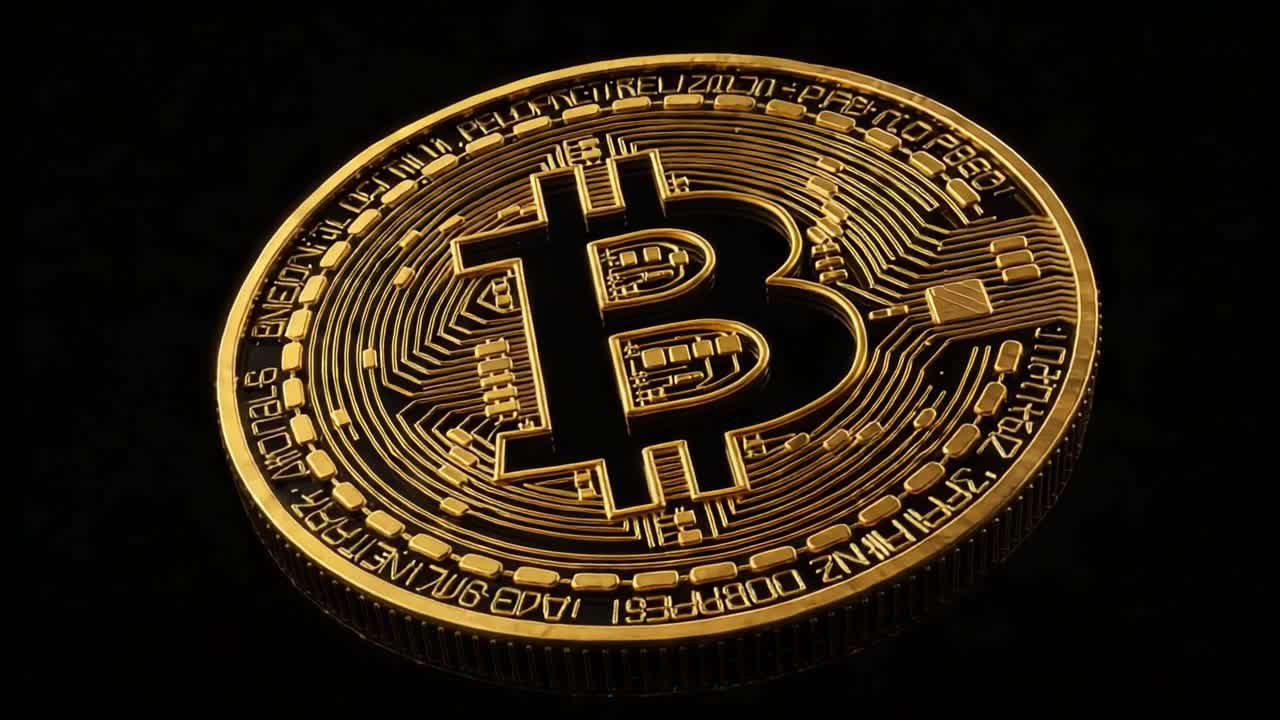 Stunning Golden Bitcoin Coin Displaying Intricate Digital Design with Cryptographic Elements Set Against a Dark Background