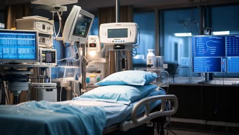 hospital bed prepared for patient in a medical room at night