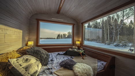 cosy wooden cabin in remote snowy woods to rest and relax