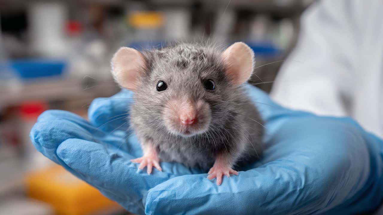 A Close-Up View of a Gray Mouse Being Held in a Gloved Hand, Showcasing the Adorable Features and Texture of Its Fur in a Laboratory Setting