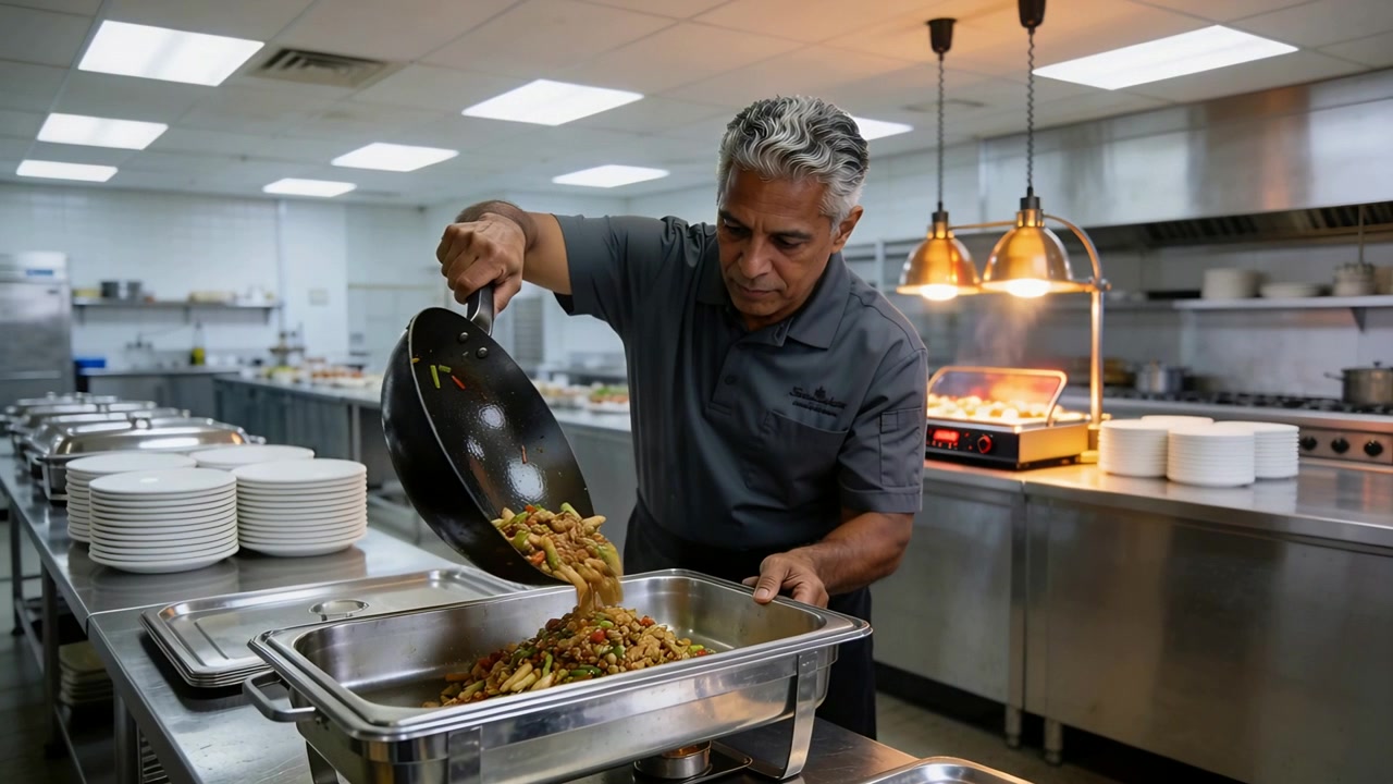 Cuoco con wok inclinato in polo scura al bancone che versa e raschia il soffritto in una scaldavivande per il buffet