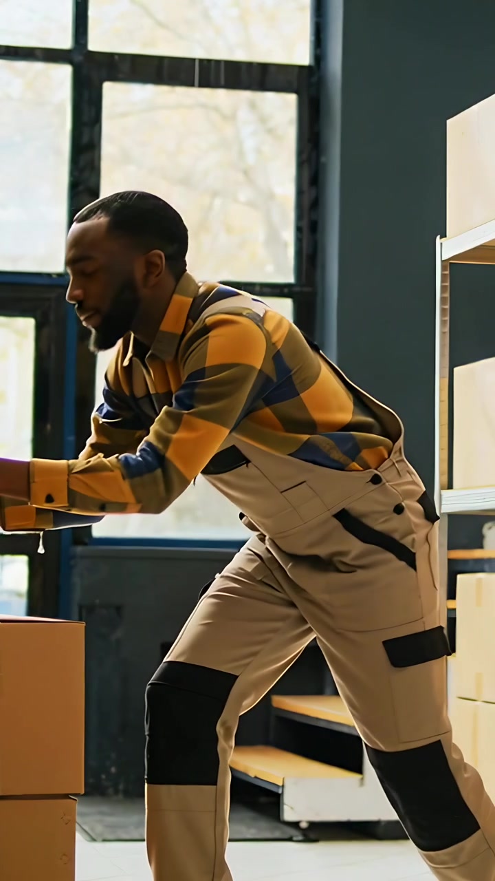 Vertical video: Lifting from crouch, storage worker in overalls placing boxes on racks, restocking