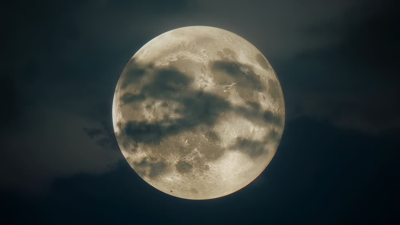 Drifting clouds crossing full moon surface in night sky, casting shifting crater shadows
