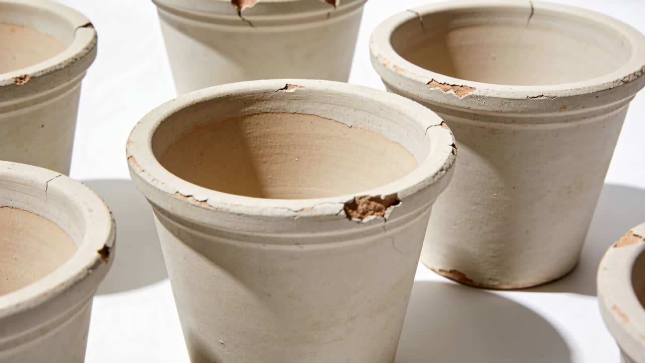 Carrellata laterale della telecamera che rivela un vaso di terracotta per piante su un tavolo, mostrando scheggiature sul bordo e ombre.