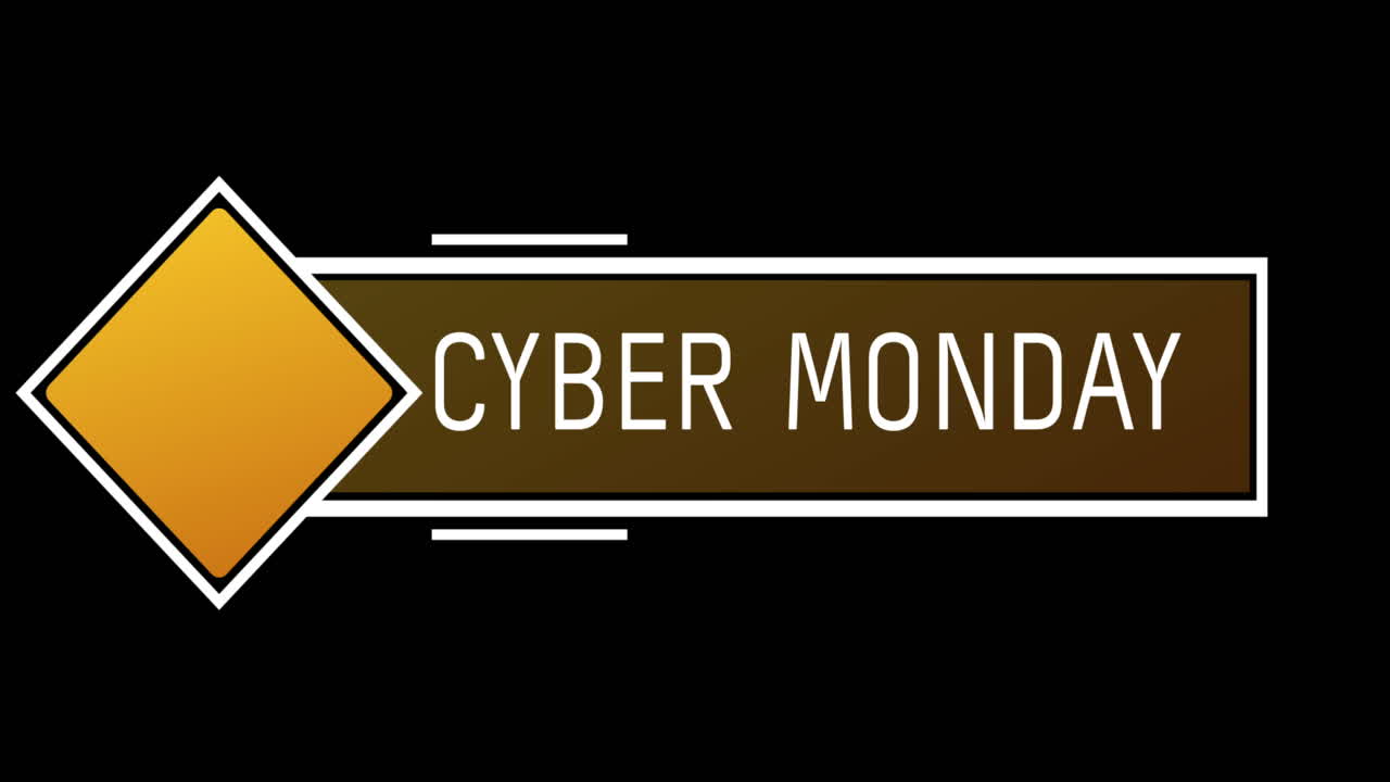 texto blanco y naranja de cyber monday que aparece contra una pantalla negra