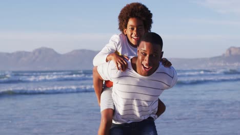 padre afroamericano dando un paseo a cuestas a su hijo en la playa