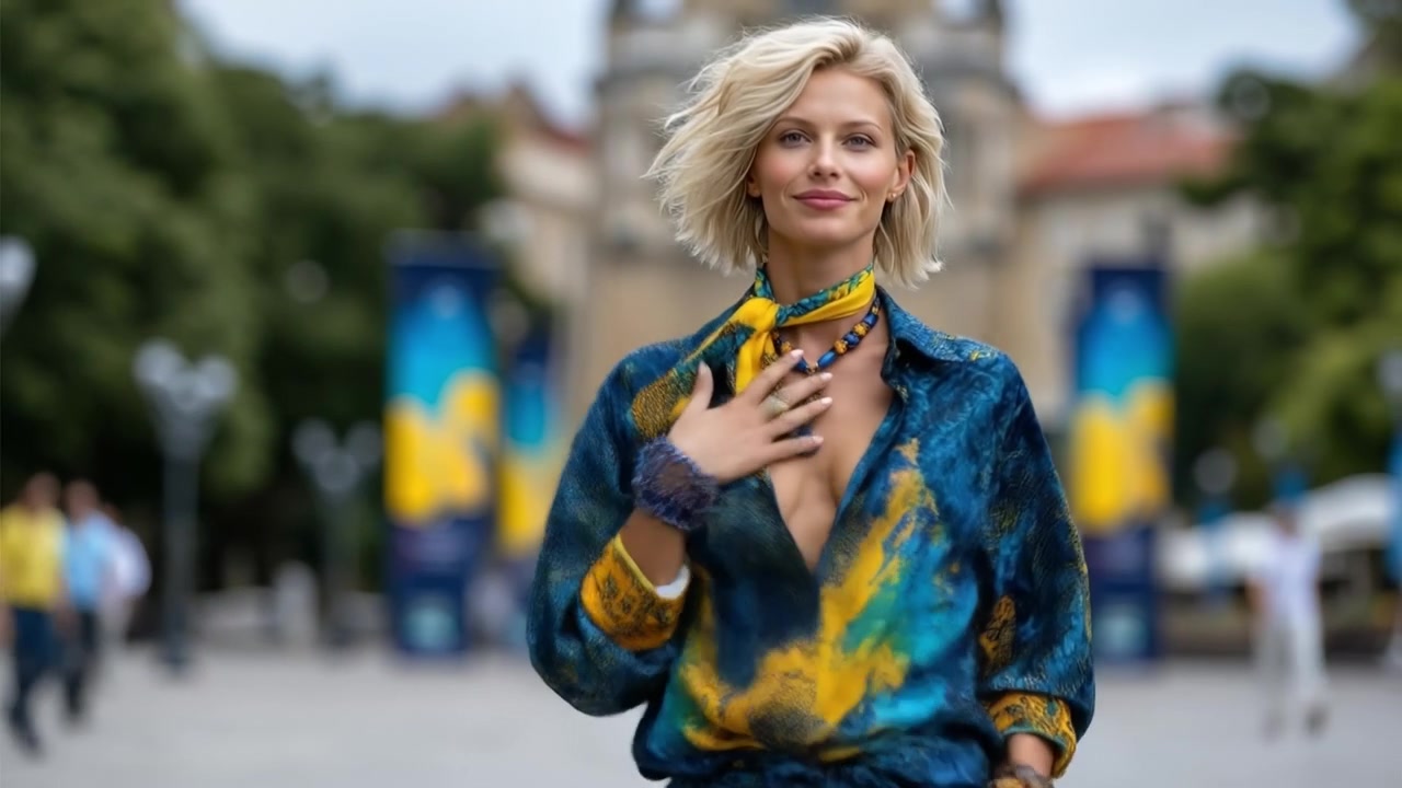 Giovane donna bionda che indossa una camicia a fantasia blu e gialla mentre cammina per una strada cittadina.