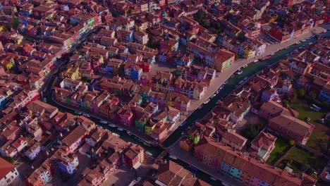 Burano-village-on-island-in-Venetian-Lagoon,-seen-from-above,-aerial