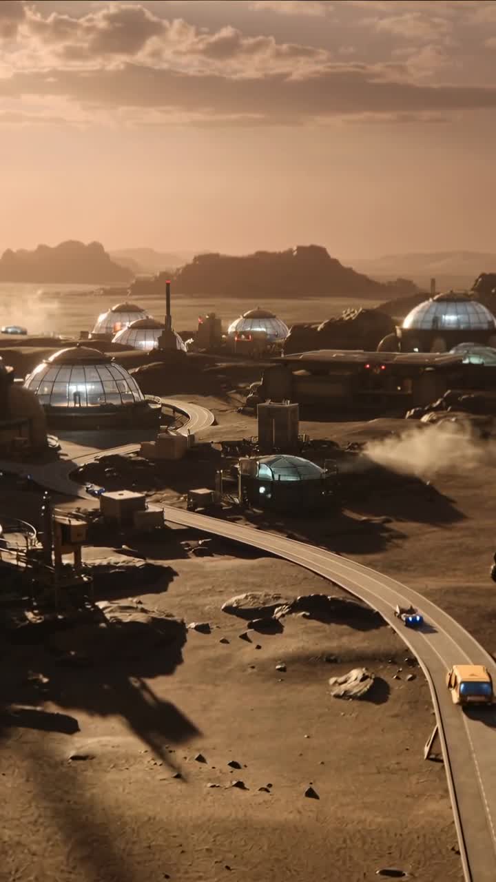 Vertical video: Sun sinking revealing colony with domes, two vehicles driving curved elevated road