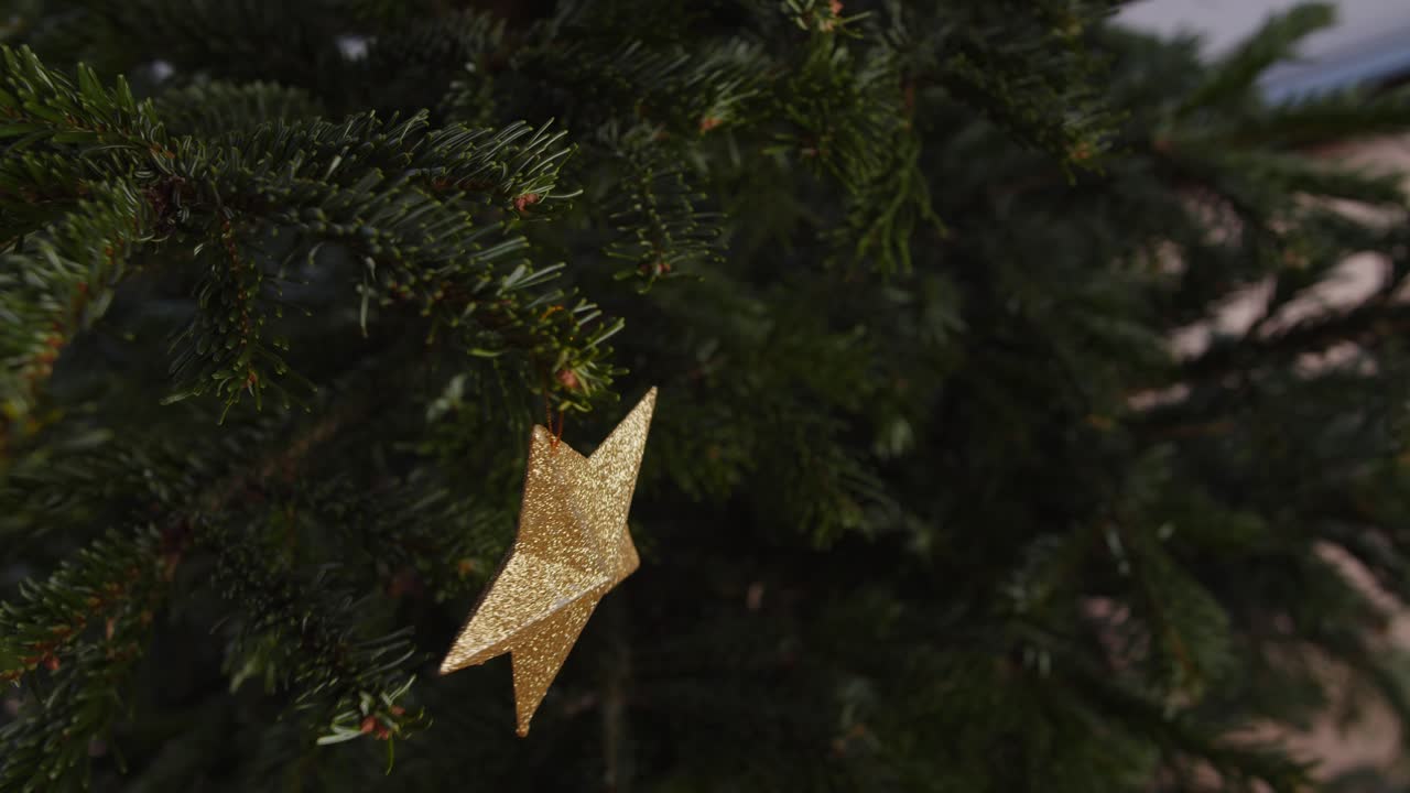Hanging Golden Star On Green Christmas Tree 4K
