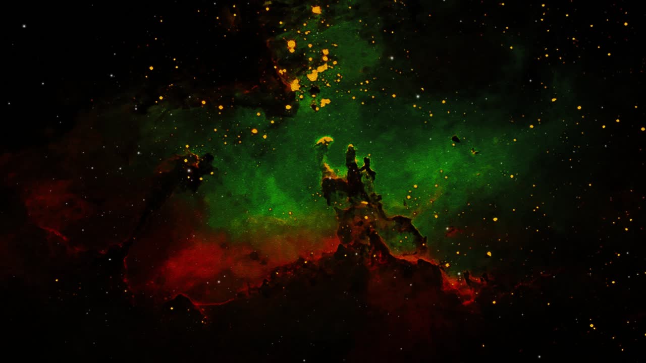 le nuvole nebulose rosse e verdi si muovono nell'universo