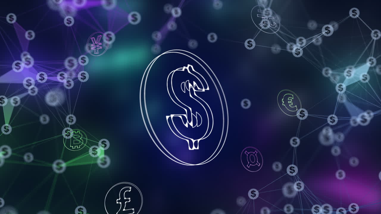 Transparent coin with rotating dollar symbol. Animated plexus lines abstract blue background with elements and icons of world currencies.
