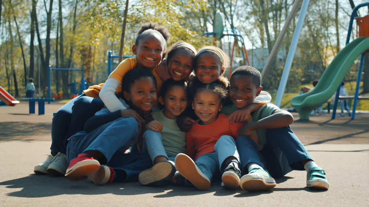 Happy Group of Children Smiling Together in a Playground