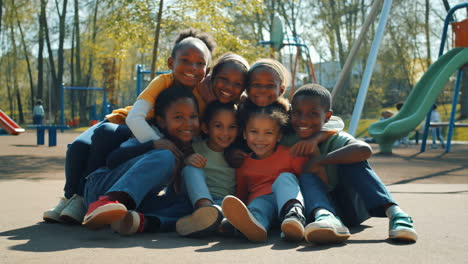 happy group of children smiling together in a playground