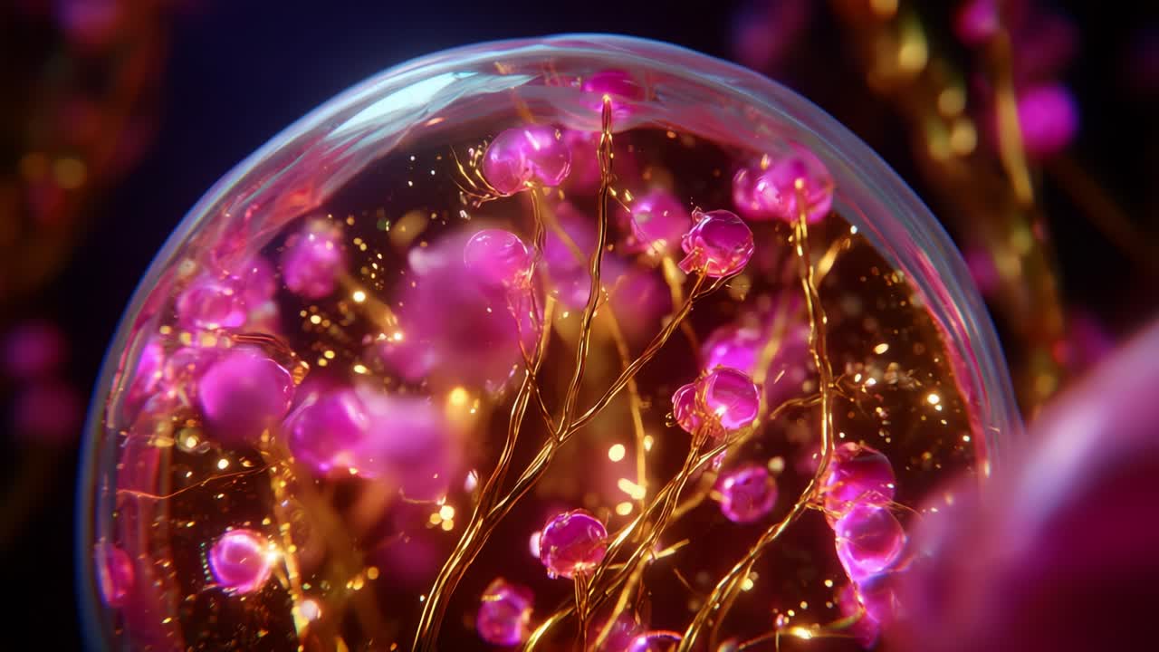 Stunning Close-Up Visual of a Translucent Sphere Containing Vibrant Pink Blooms and Delicate Golden Tendrils, Illuminated by a Soft, Ethereal Glow in a Fantastical Microcosm