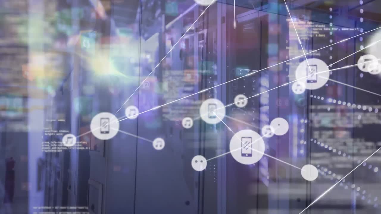 Animation of network of connections with icons and data processing over server room