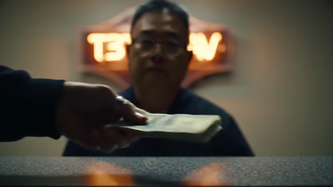 A tense moment unfolds in a dimly lit environment as a cash transaction occurs at the counter, highlighting the atmosphere of secrecy and intent