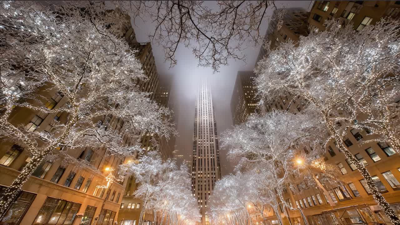 A Stunning Winter Landscape Illuminated by Twinkling Lights, Featuring Snow-Covered Trees Framing a Majestic Skyscraper, Creating a Magical Urban Atmosphere