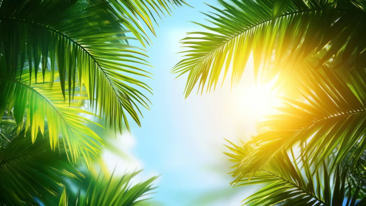 Sunlight filters through lush palm leaves, captured from a low angle