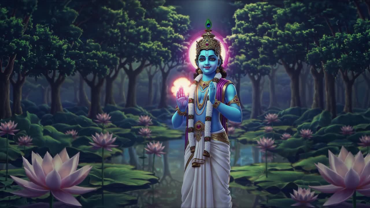 krishna en un bosque con flores de loto