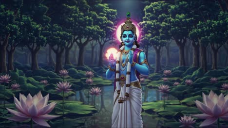 krishna in a forest with lotus flowers