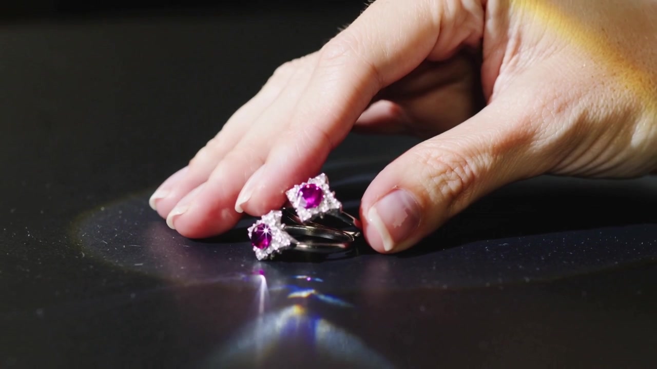 Entering hand lifting, rotating and aligning silver rings on black table, showing pink gems