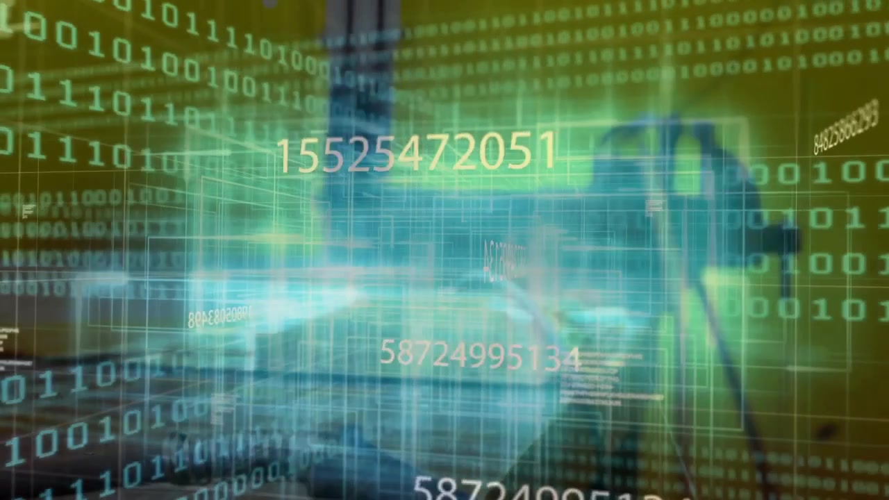 Bright yellow numeric string floating amid green binary code streams on grid in flat design