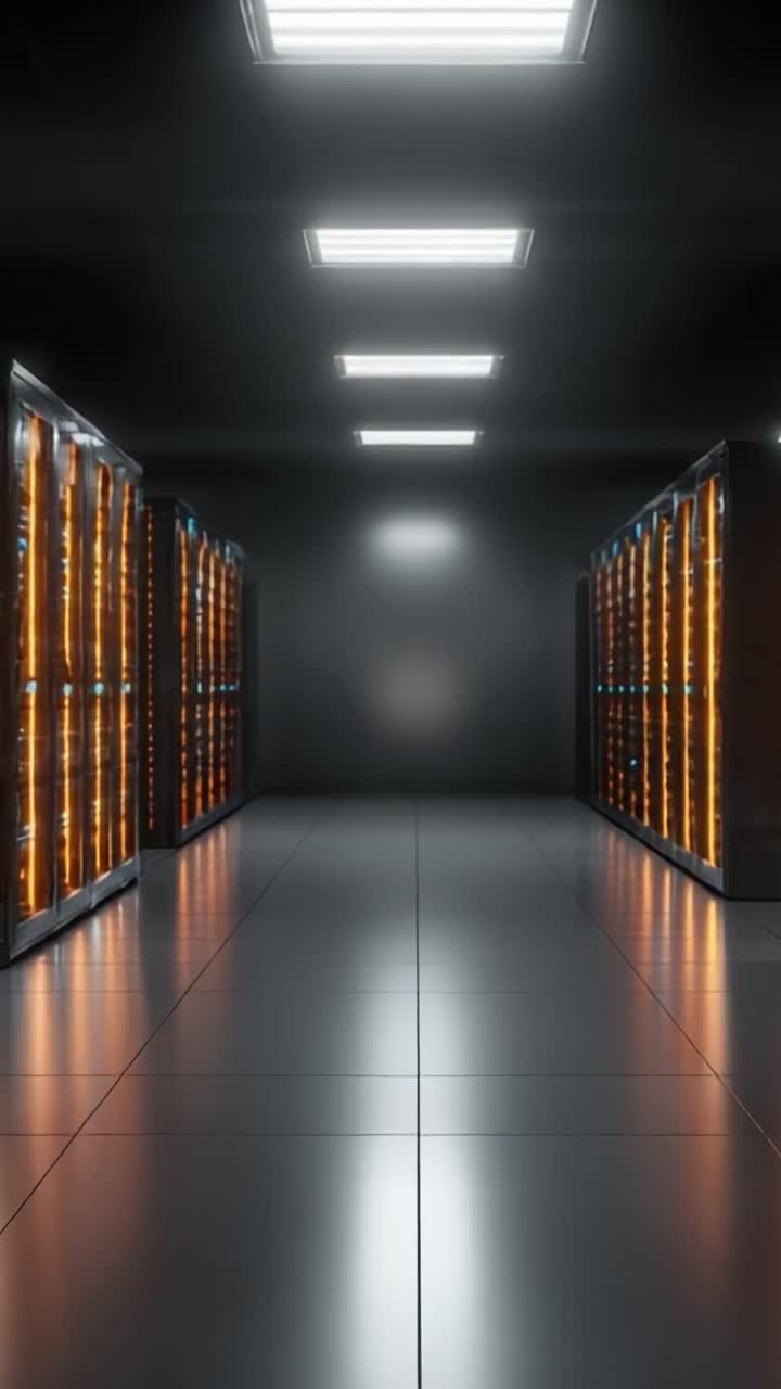 Una vista all'interno di un moderno data center con file di rack di server illuminati da luce soffusa, che mostra infrastrutture ad alta tecnologia e soluzioni di archiviazione digitale.